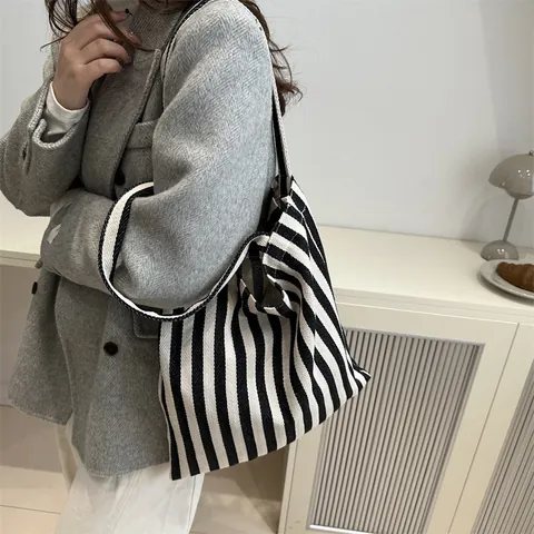 Women Striped Canvas Tote Bag Large Capacity Vertical Stripes Shoulder Bag Vintage Casual Shopping Handbag