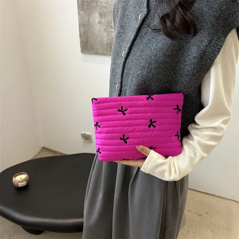Women Quilted Embroidered Bow Cosmetic Bag Large Capacity Padded Toiletry Storage Organizer Travel Makeup Pouch Zipper Bag