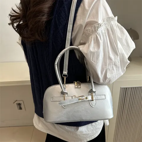 Vintage PU Leather Bowling Underarm Bag For Women Large Capacity Shoulder Handbag Retro Crossbody Bag Fashion Commuting Purse