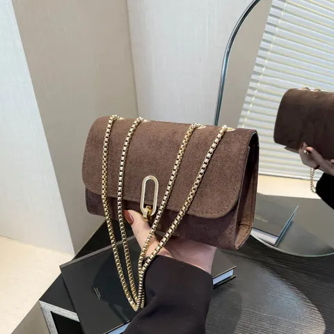 Damen Mode Kleine Quadratische Tasche Vintage Wildlederoptik PU Leder Umhängetasche Goldene Kette Metallschloss Schultertasche