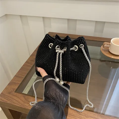 Bolso Bombonera de Strass de Moda para Mujer Con Cordón de Perlas Artificiales Correa de Cadena de Metal Bolso de Hombro para Fiesta Boda