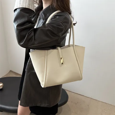 Bolso Tote Cuero PU Vintage Mujer Gran Capacidad Minimalista Color Sólido Bolso Hombro Bolso Axila Hebilla Metal