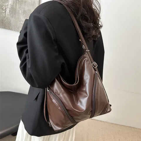 Damen Casual Große Kapazität PU Leder Tote Bag Multifunktionale Vintage Schultertasche Umhängetasche Handtasche Mit Seitlichen Reißverschlüssen