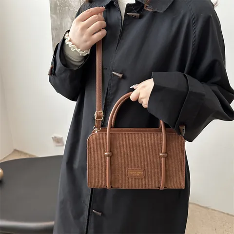 Women Fashion Corduroy Handbag Retro Street Style Small Square Crossbody Shoulder Bag Letter Patch Decor Daily Commute Bag