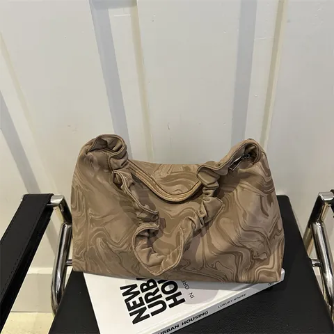 Women Fashion Marble Print Shoulder Bag Ruched Strap Large Capacity PU Leather Hobo Tote For Daily Shopping Commuting