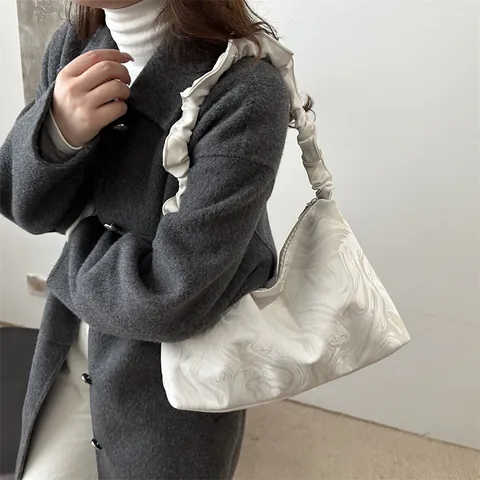 Women Fashion Marble Print Shoulder Bag Ruched Strap Large Capacity PU Leather Hobo Tote For Daily Shopping Commuting