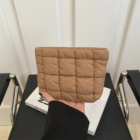 Women Puffer Quilted Makeup Bag Solid Color Puffy Cosmetic Bag Square Oxford Cloth Toiletry Bag Travel Storage Handbag