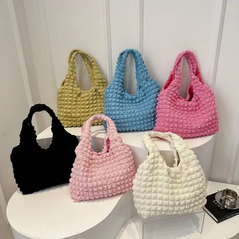 Borsa Tote in PU a Grande Capacità con Texture Popcorn per Donna Borsa a Tracolla in Tessuto a Bolle Tinta Unita Handbag Casual
