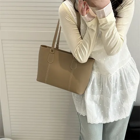 Women Large Capacity PU Leather Tote Bag Contrast Stitching Casual Shoulder Bag Versatile Office Commuter Handbag Bag