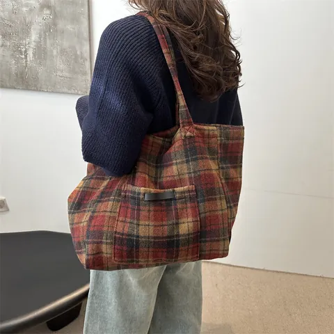 Bolso Tote a Cuadros de Gran Capacidad para Mujer Color de Contraste Vintage PU Bolso de Hombro Street Fashion Bolso de Mano Cuadrado Casual Bolso de Diario