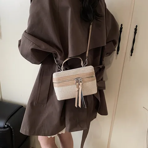 Sac Boîte pour Femmes en Toile et Cuir PU Bloc de Couleur Bandoulière Sac à Main Double Fermeture Éclair Longues Franges