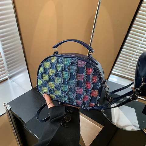 Borsa a Tracolla da Donna Vintage in Denim a Scacchi Pelle PU Sfrangiata Patchwork Borsa a Spalla Con Catena