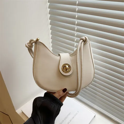 Women Fashion PU Leather Underarm Bag Half Moon Hobo Shoulder Bag With Golden Metal Buckle Knot Strap Casual Daily Purse