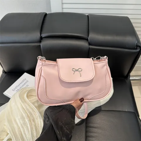 Bolso de Axila de Cuero PU para Mujer Con Decoración de Lazo de Metal Bolso de Hombro Bandolera Color Sólido Bolso Cuadrado Pequeño