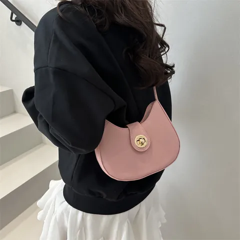 Women Fashion PU Leather Underarm Bag Half Moon Hobo Shoulder Bag With Golden Metal Buckle Knot Strap Casual Daily Purse