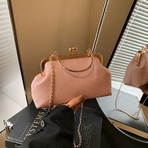 Vintage Woven PU Leather Evening Bag Gold Metal Kiss Lock Flower Handle Chain Strap Crossbody Handbag For Women Party Wedding