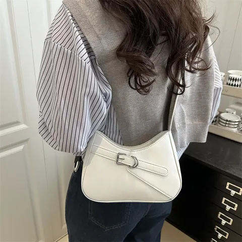 Niche Designer Underarm Bag For Women Solid Color PU Leather Minimalist Shoulder Bag With Belt Buckle Chic Commuting Hobo Bag