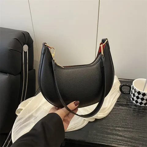 Women Minimalist Pebbled PU Leather Crescent Hobo Underarm Bag Gold Hardware Zipper Shoulder Bag Daily Commute