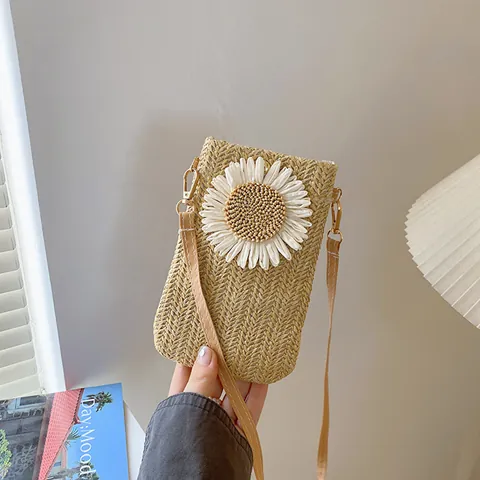 Damen Mode Stroh Gewebte Handytasche Mit Sonnenblumen Dekor Kleine Vertikale Umhängetasche Casual Strand Schultertasche