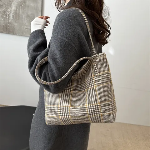 Bolso Tote de Cuadros de Gran Capacidad para Mujer Bolso de Hombro de Lona Vintage Pata de Gallo para Escuela Trabajo Diario