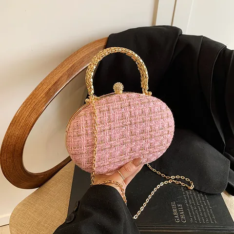 Elegant Tweed Evening Clutch Bag With Metal Handle Rhinestone Lock Gold Chain Shoulder Bag For Women Party Wedding Fashion Crossbody Bag