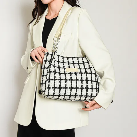 Dames Vintage Plaid Tweed Tragetasche Voor Vrouwen Grote Capaciteit Schoudertas Met Pluche Hanger Mode Ketting Raster Handtas