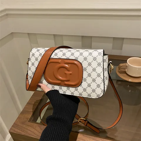 Retro Monogram Flower Print Shoulder Bag For Women Fashion PU Leather Crossbody Bag With Initial Embossed Square Bag