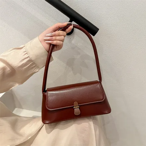 Bolso de Axila de Cuero PU Retro para Mujer Color Sólido Pequeño Bolso de Hombro Cuadrado Con Hebilla de Metal Elegante