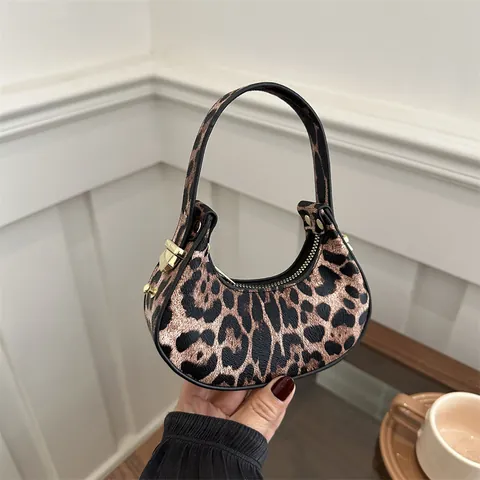 Women Fashion PU Leather Mini Hobo Bag Leopard Print Solid Color New Moon Shoulder Bag Gold Hardware Handbag Daily Commute Bag