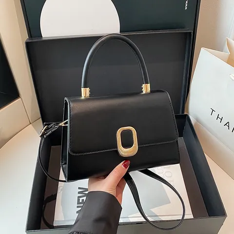 Women Minimalist PU Leather Small Square Handbag Fashion Top Handle Crossbody Bag Golden Metal Buckle Elegant Daily Purse