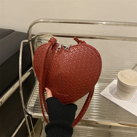 Women Heart Shaped Crossbody Bag Fashion PU Leather Woven Texture Crocodile Embossed Small Shoulder Bag Knot Strap Daily Travel