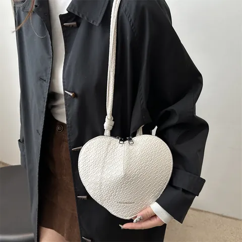 Women Heart Shaped Crossbody Bag Fashion PU Leather Woven Texture Crocodile Embossed Small Shoulder Bag Knot Strap Daily Travel