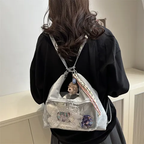 Women Transparent Ita Bag PU Leather Clear Window Tote Shoulder Bag With Plush Pendant Anime Display Bag School Handbag