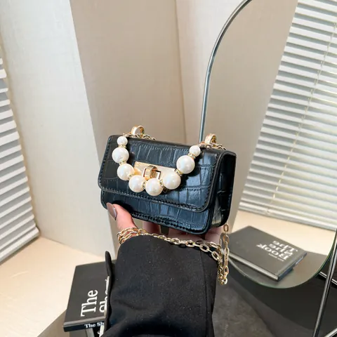 Women Mini Crocodile Embossed PU Leather Handbag With Faux Artificial Pearl Handle Gold Chain Strap Crossbody Party Evening Square Bag