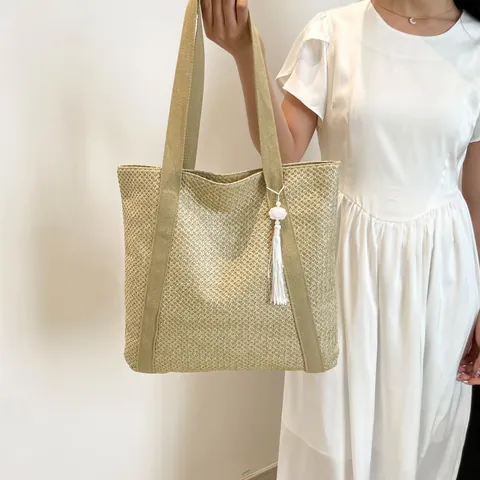 Γυναικεία Casual Πλεκτή Τσάντα Tote Μεγάλη Χωρητικότητα Μινιμαλιστική Τσάντα Ώμου Με Φούντα Για Καλοκαιρινές Διακοπές