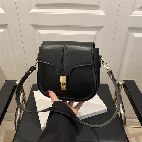 Fashion Women PU Leather Saddle Bag Crossbody Shoulder Bag With Metal Rotation Lock Stitching Retro Urban Style Handbag