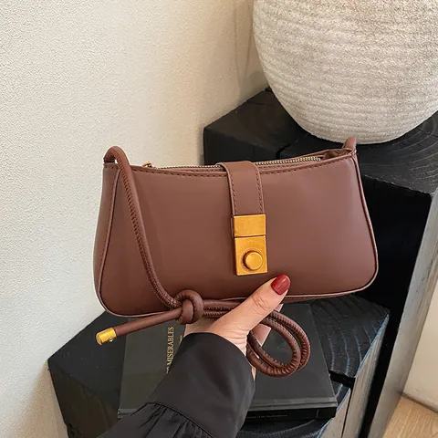 Women Minimalist PU Leather Underarm Bag Vintage Solid Color Shoulder Bag With Gold Buckle Knot Strap Commuter Handbag