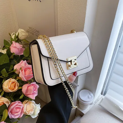 Damen Vintage PU-Leder Kleine Quadratische Umhängetasche Minimalistische Kette Schultertasche Mit Metallschloss Gold Hardware Messenger Bag