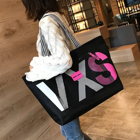 Large Capacity Women Tote Bag Oxford Cloth Waterproof Travel Shoulder Bag Alphabet Print Striped Straps Shopping Beach Bag Casual