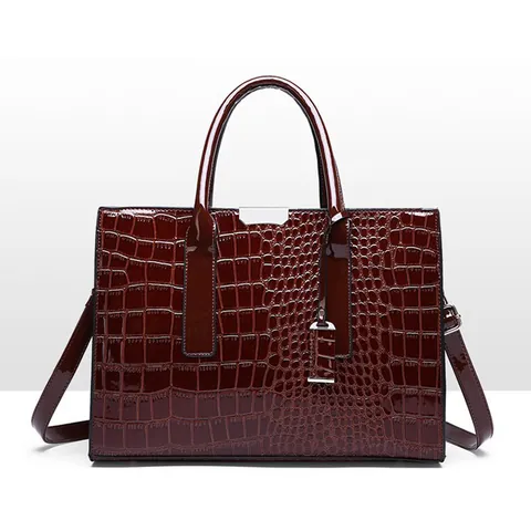 Borsa Tote da Donna in Pelle PU con Motivo Coccodrillo Grande Capacità Lucida Strutturata con Tracolla Regolabile
