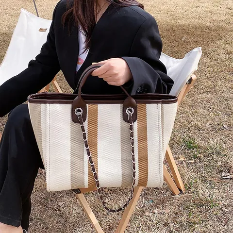 Damen Leinwand Kontrast Streifen Einkaufstasche Große Kapazität Schultertasche Mit Kette Riemen Mode Lässig Reisen Shopper Tasche
