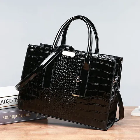 Borsa Tote da Donna in Pelle PU con Motivo Coccodrillo Grande Capacità Lucida Strutturata con Tracolla Regolabile