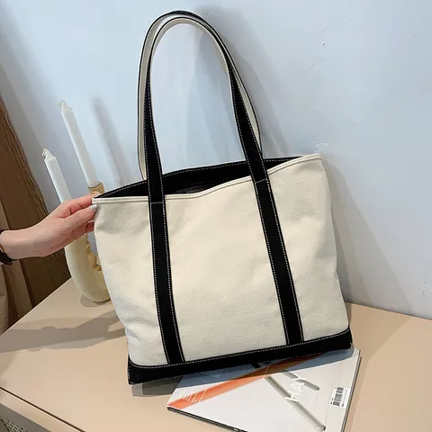 Bolso Tote de Lona Casual para Mujer Gran Capacidad Color de Contraste Minimalista de Hombro para Diario Escuela Compras