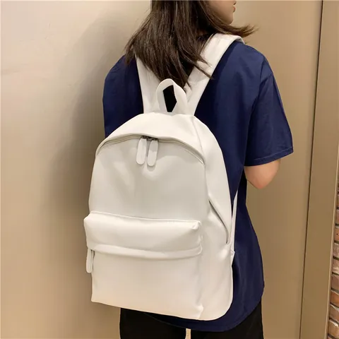Minimalist PU Leather School Backpack For Women Solid Color Large Capacity Daily Travel College Student Shoulder Bag