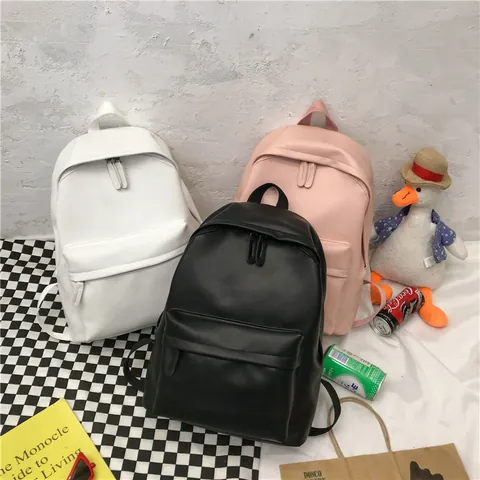 Minimalist PU Leather School Backpack For Women Solid Color Large Capacity Daily Travel College Student Shoulder Bag