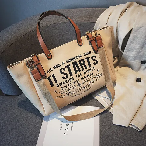 Damen Casual Segeltuch Tragetasche Buchstaben Druck Große Kapazität Schulter Umhängetasche Lederriemen Handtasche Reisen Einkaufstasche