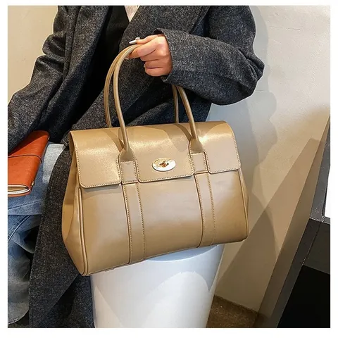 Große Damen Pendler-Tote-Bag aus PU-Leder Britischer Vintage-Stil Handtasche mit Metalldrehverschluss Aktentasche fürs Büro