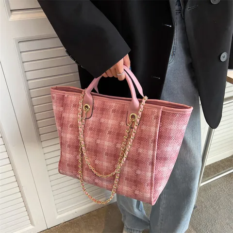 Women Large Capacity Woven Fabric Plaid Tote Bag With Chain Strap PU Leather Handle Minimalist Commute Bucket Shoulder Bag