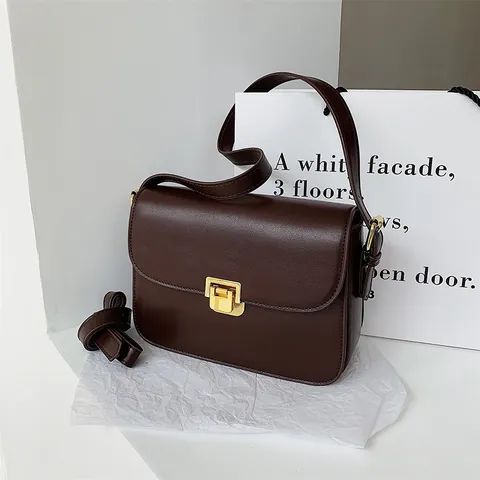 Bolso Cuadrado Pequeño de Cuero PU Retro para Mujer Cierre de Metal Dorado Solapa Bolso Bandolera Correa de Hombro Ajustable Bolso de Moda de Color Sólido