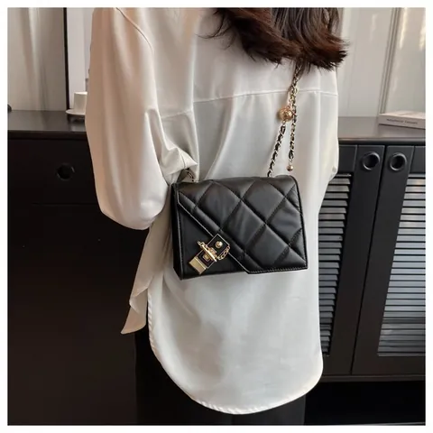 Women Quilted PU Leather Shoulder Bag With Gold Ball Adjuster Metal Chain Strap Rhombic Pattern Square Crossbody Bag